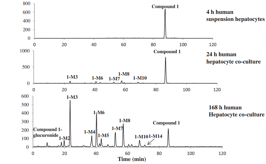 (A) Chromatograms of compound 1 (Eli Lilly) in urine (0-24 hr), feces (24-72 hr), human suspended hepatocytes (4 hours), and the HURELhumanPool™ Micro Liver Model (Co-culture of primary hepatocytes/stromal cells). 
