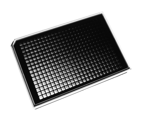 Angled view of a black 384 well plate