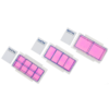 bird's eye view of three chambered cell culture slides in 2-well, 4-well, and 8-well formats